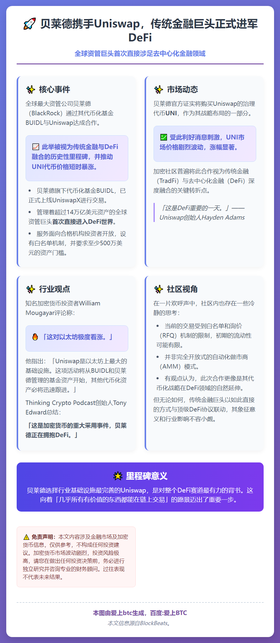贝莱德入局DeFi：BUIDL上线UniswapX并买入UN
