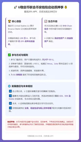 U稳定币联合币安钱包启动质押季，最高20%APY，总奖200