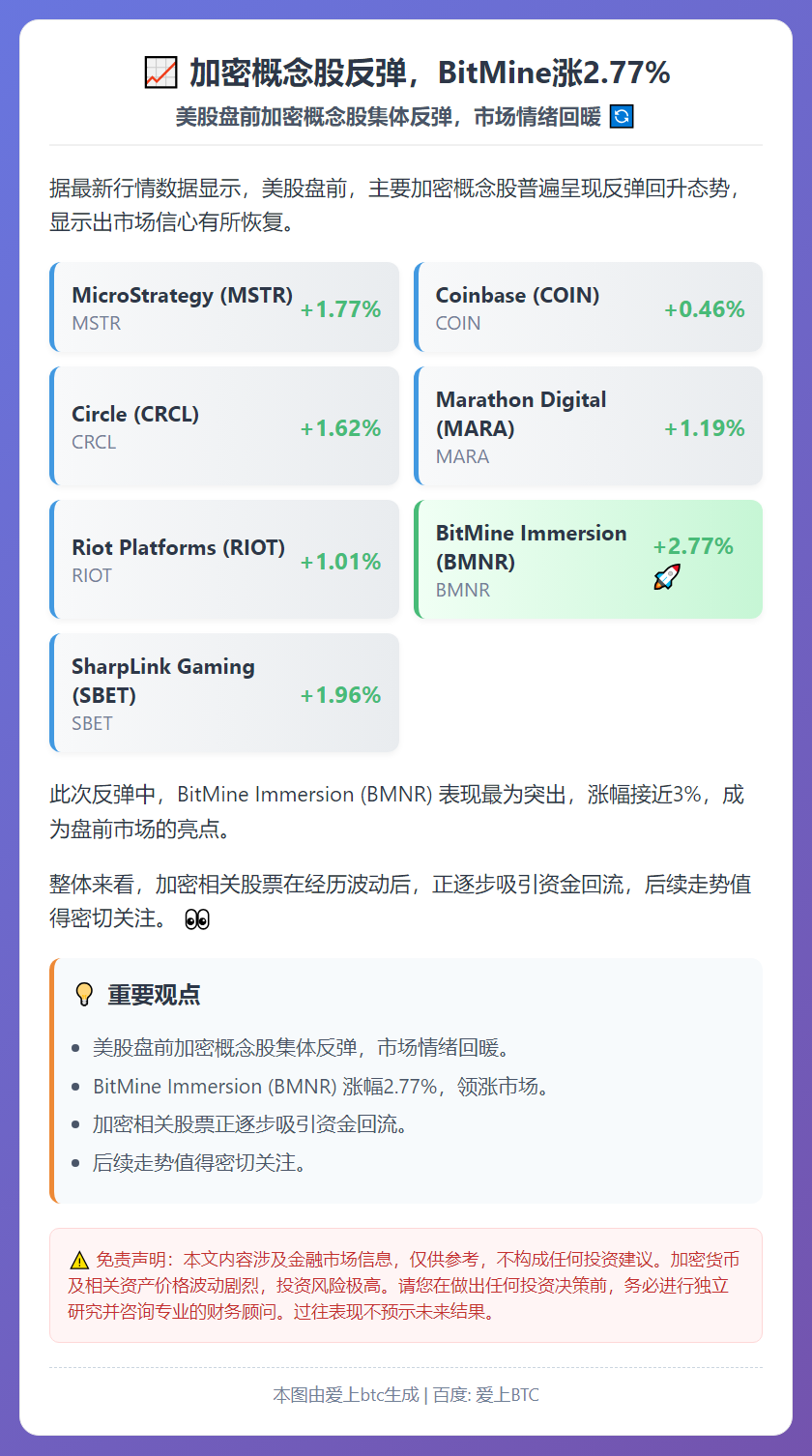 加密概念股反弹，BitMine涨2.77%