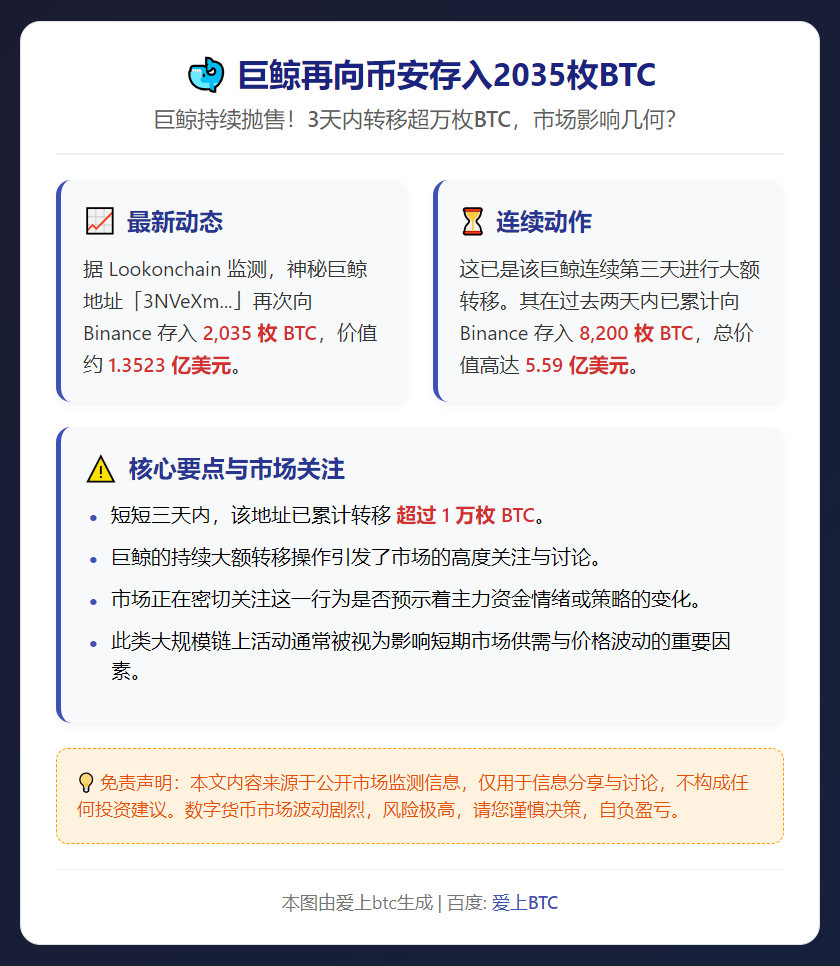巨鲸再向币安存入2035枚BTC
