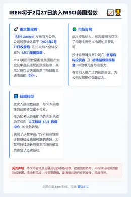 IREN将于2月27日纳入MSCI美国指数