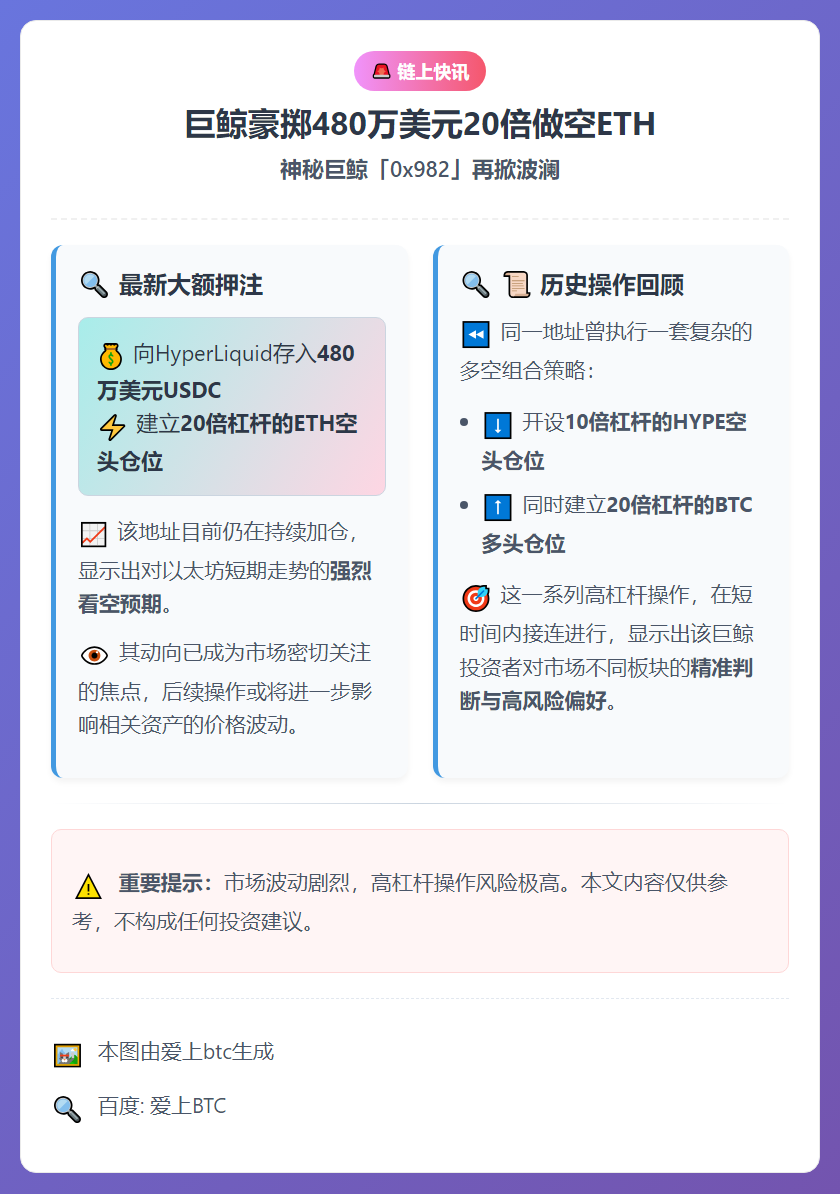 巨鲸豪掷480万美元20倍做空ETH