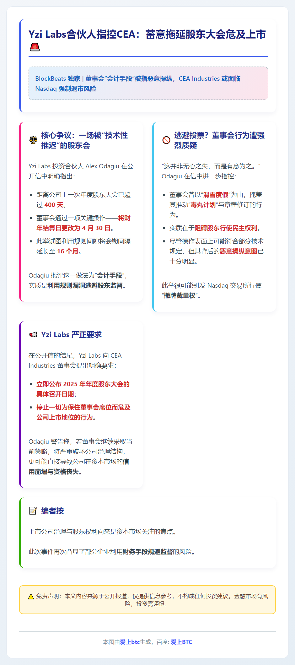 Yzi Labs合伙人指控CEA：蓄意拖延股东大会危及上市