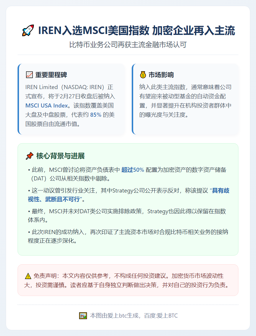 IREN入选MSCI美国指数 加密企业再入主流