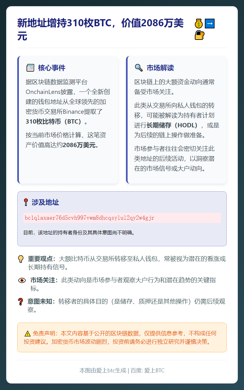 新地址增持310枚BTC，价值2086万美元