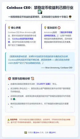 Coinbase CEO：禁稳定币收益利己损行业