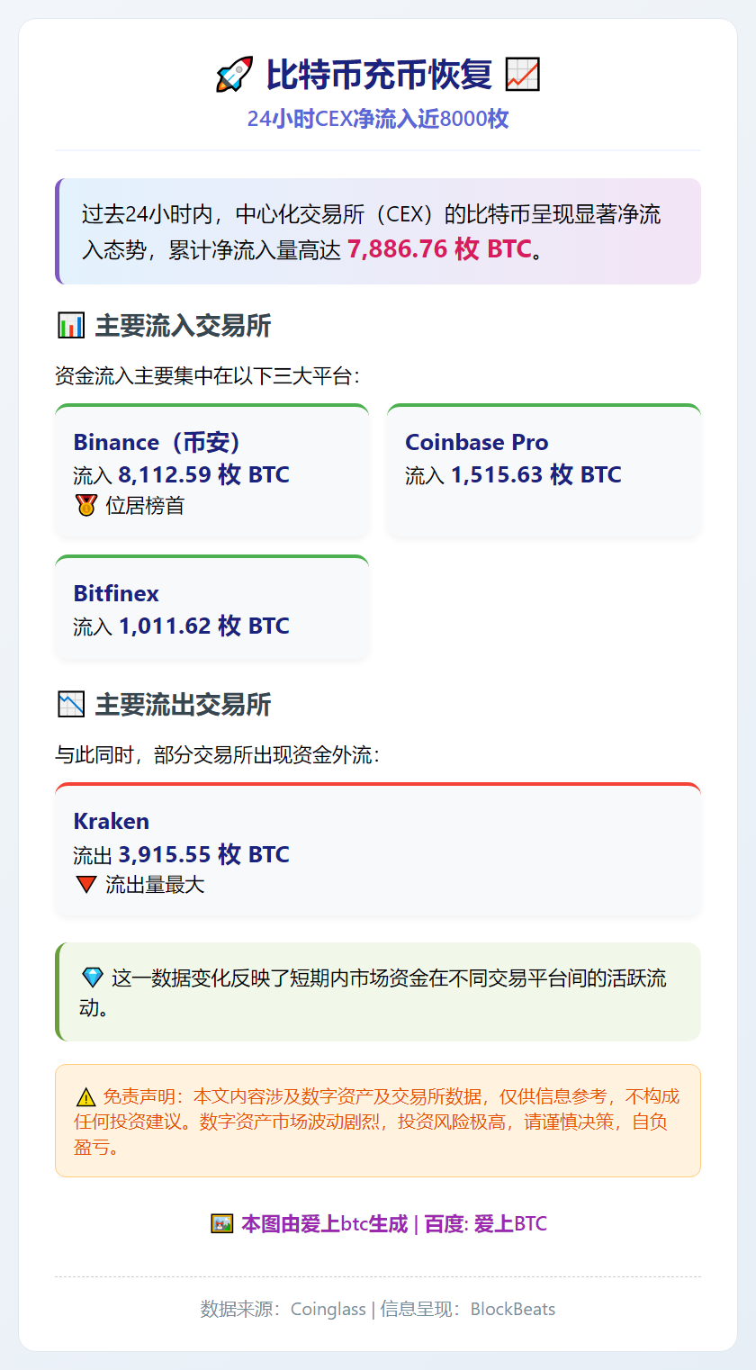 比特币充币恢复，24小时CEX净流入近8000枚