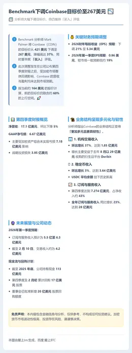 Benchmark下调Coinbase目标价至267美元，维