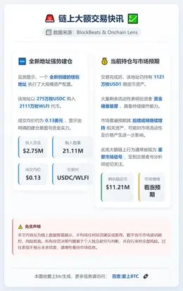 新地址豪掷275万美元建仓WLFI，持现1121万USD1