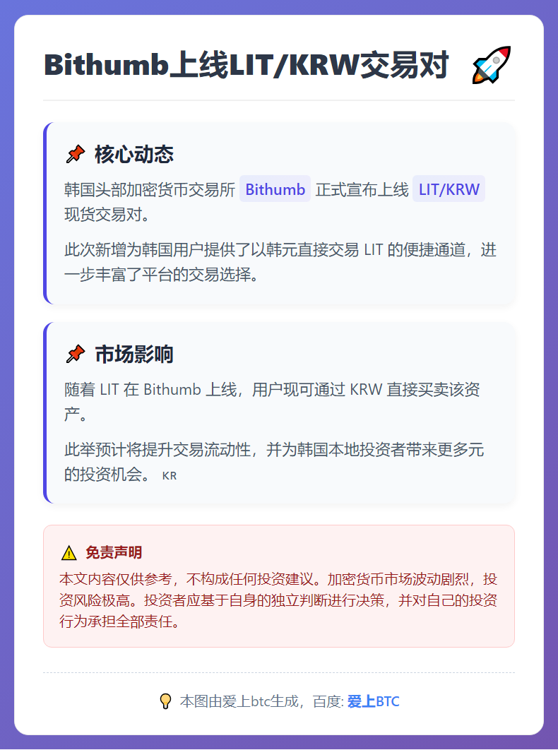 Bithumb上线LIT/KRW交易对