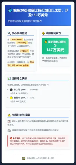 鲸鱼20倍做空比特币加仓以太坊，浮盈150万美元