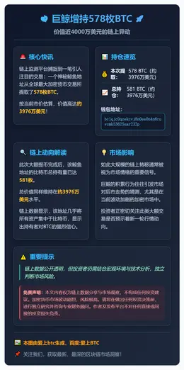巨鲸增持578枚BTC，价值近4000万美元