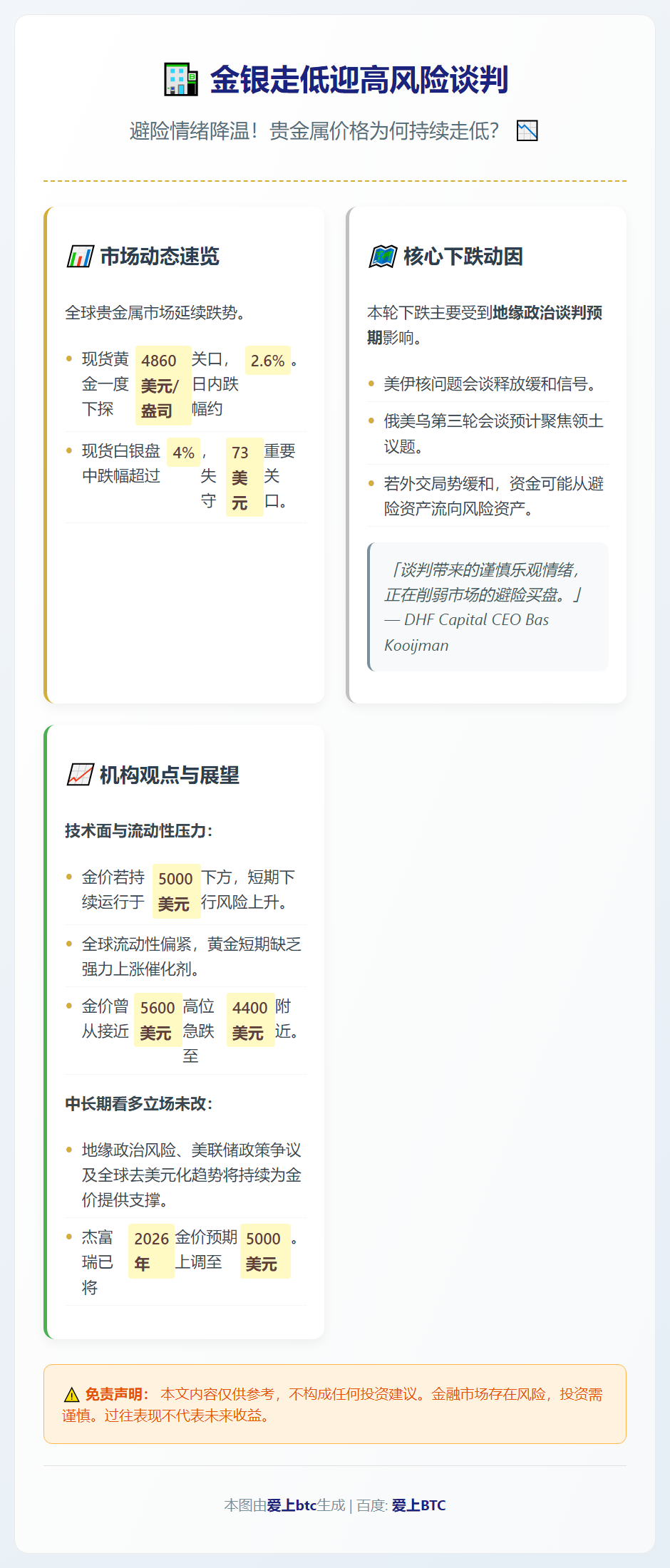 金银走低迎高风险谈判