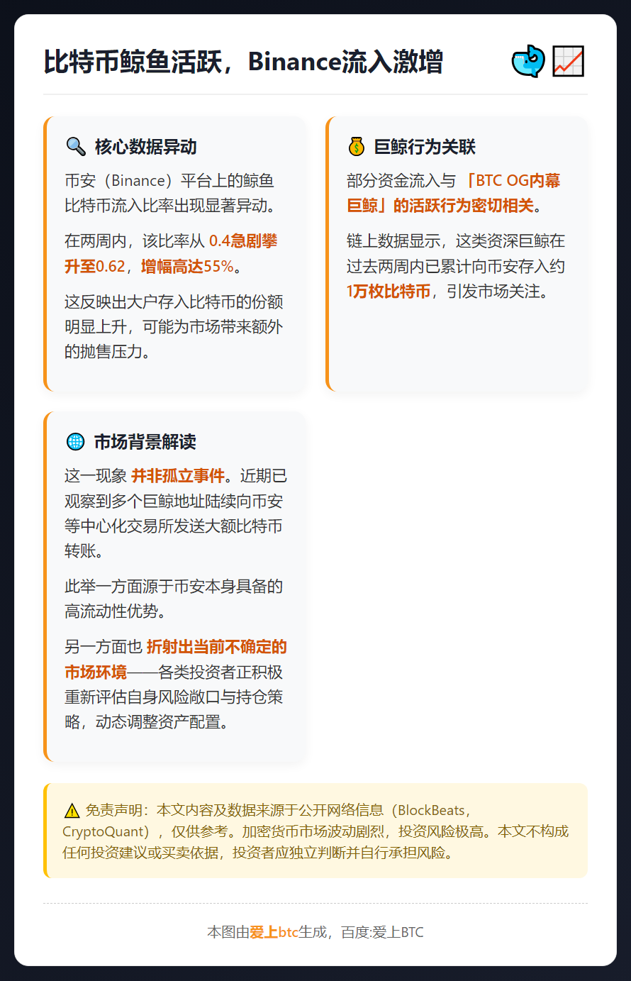 比特币鲸鱼活跃，Binance流入激增