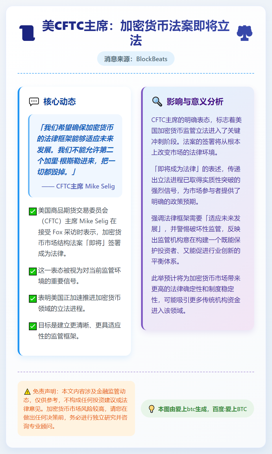 美CFTC主席：加密货币法案即将立法