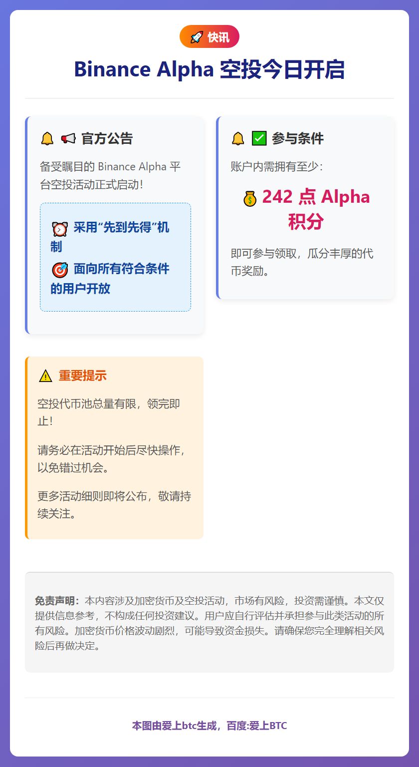 Binance Alpha空投今日18:00开启，需242积