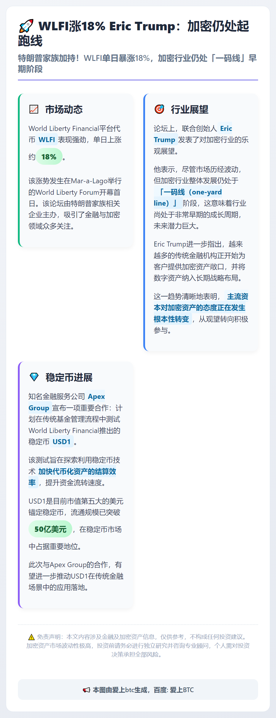 WLFI涨18% Eric Trump：加密仍处起跑线