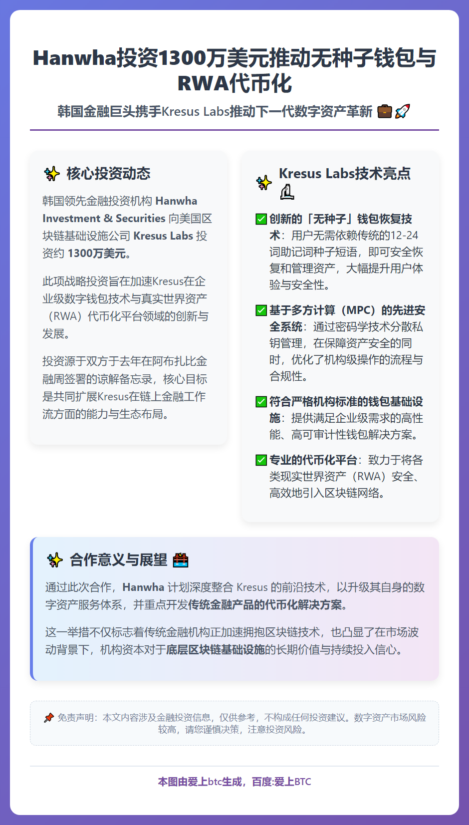 Hanwha投资1300万美元推动无种子钱包与RWA代币化