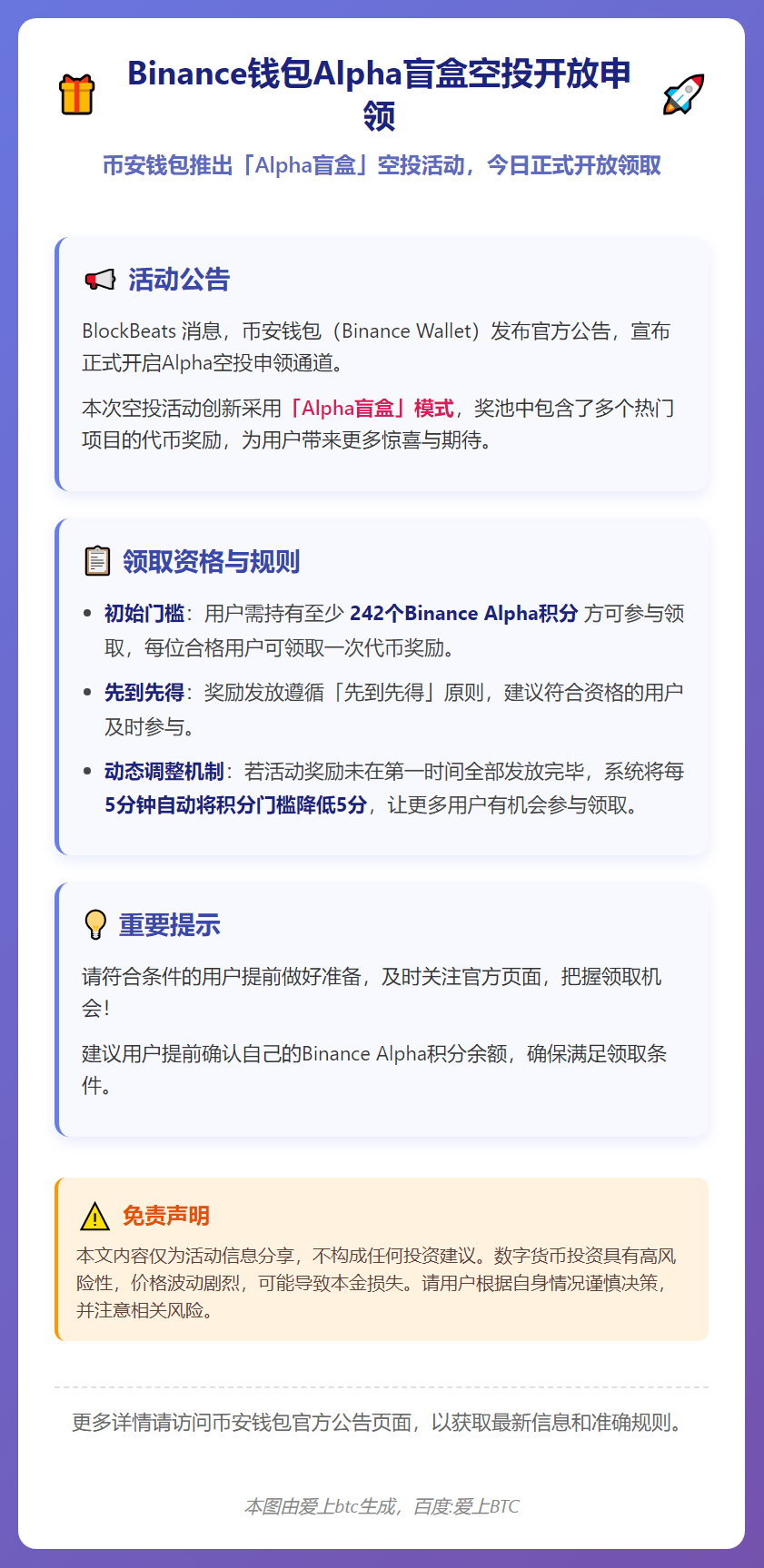 Binance钱包Alpha盲盒空投今日18时开放申领