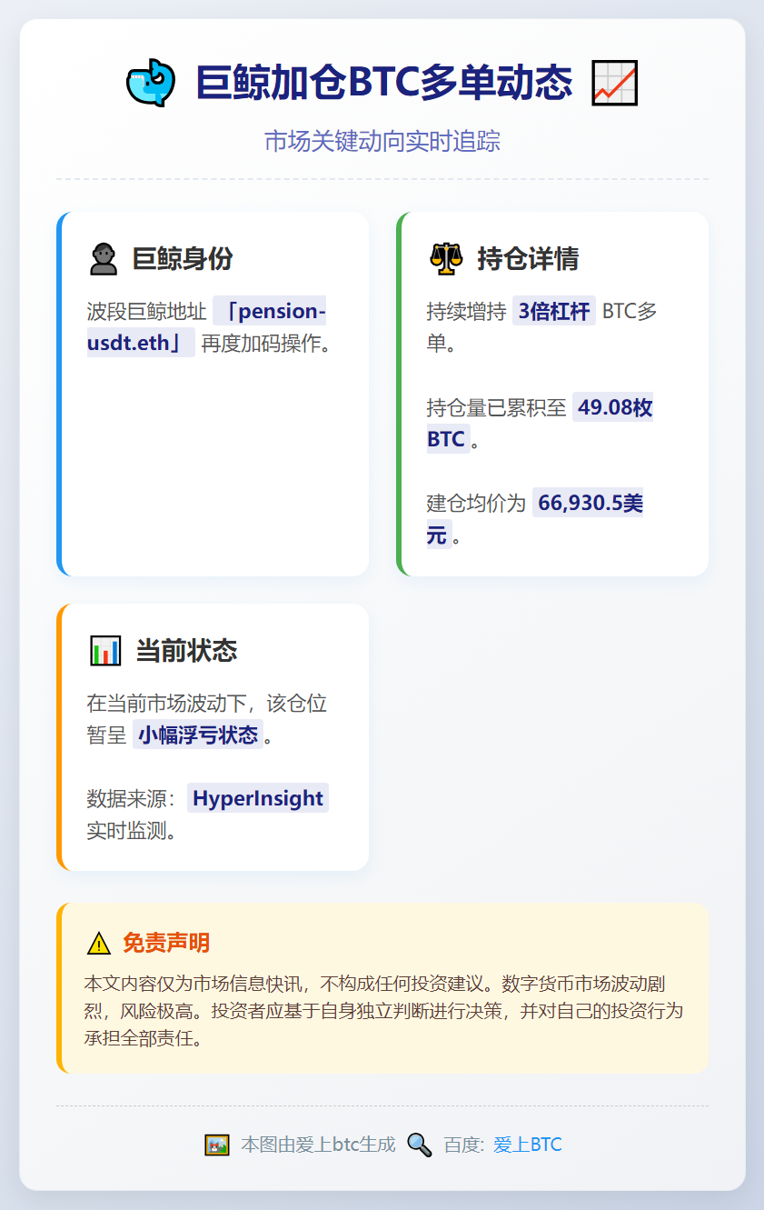 巨鲸加仓BTC多单，均价66,930.5美元