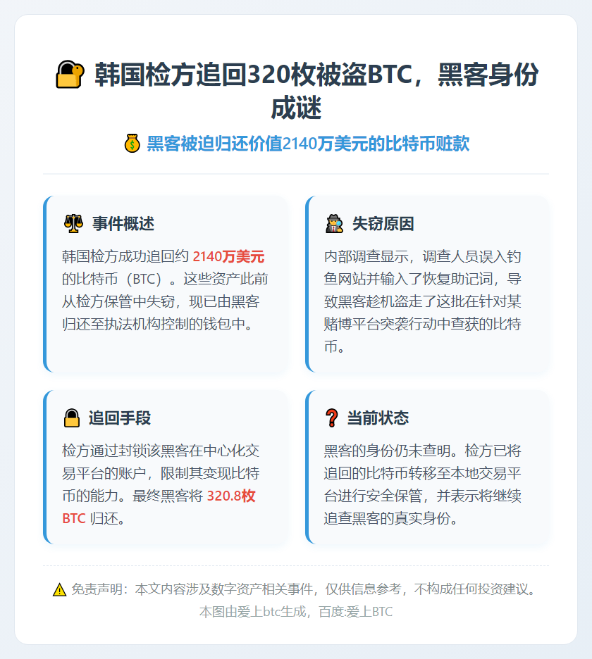 韩国检方追回320枚被盗BTC，黑客身份成谜