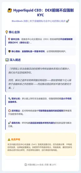 Hyperliquid CEO：DEX前端不应强制KYC