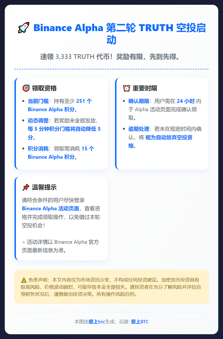 Binance Alpha第二轮TRUTH空投启动：需251