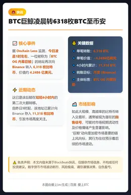 BTC巨鲸凌晨转6318枚BTC至币安