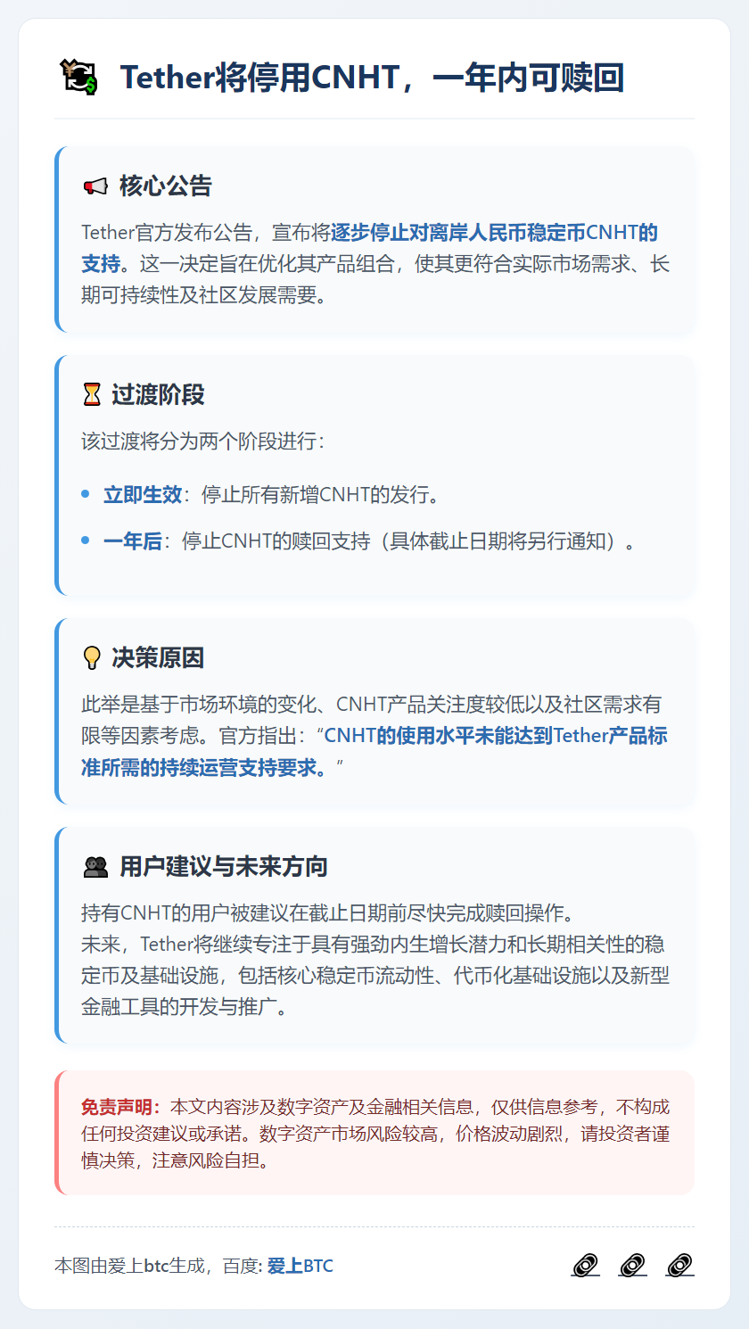 Tether将停用CNHT，一年内可赎回