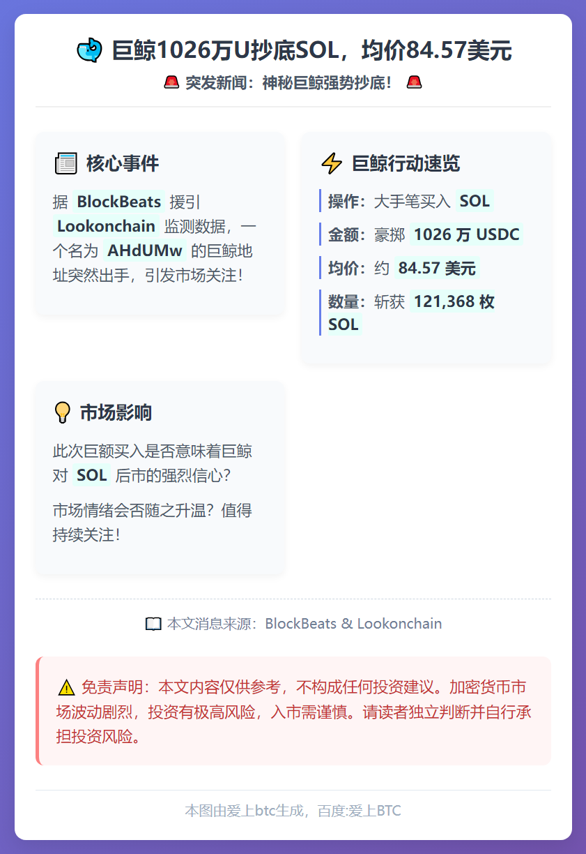 巨鲸1026万U抄底SOL，均价84.57美元