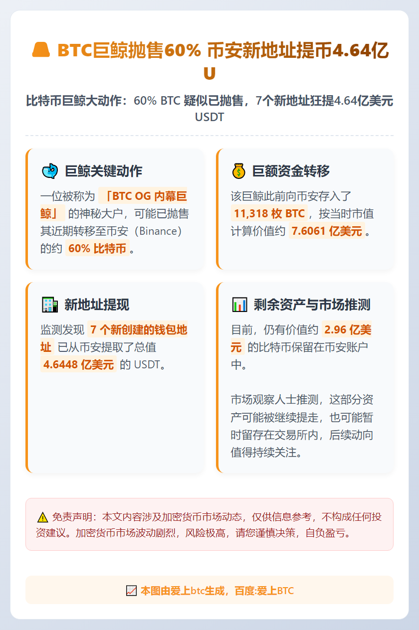 BTC巨鲸抛售60% 币安新地址提币4.64亿U