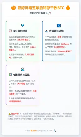 巨鲸沉睡五年后转存千枚BTC，获利近四千万美元