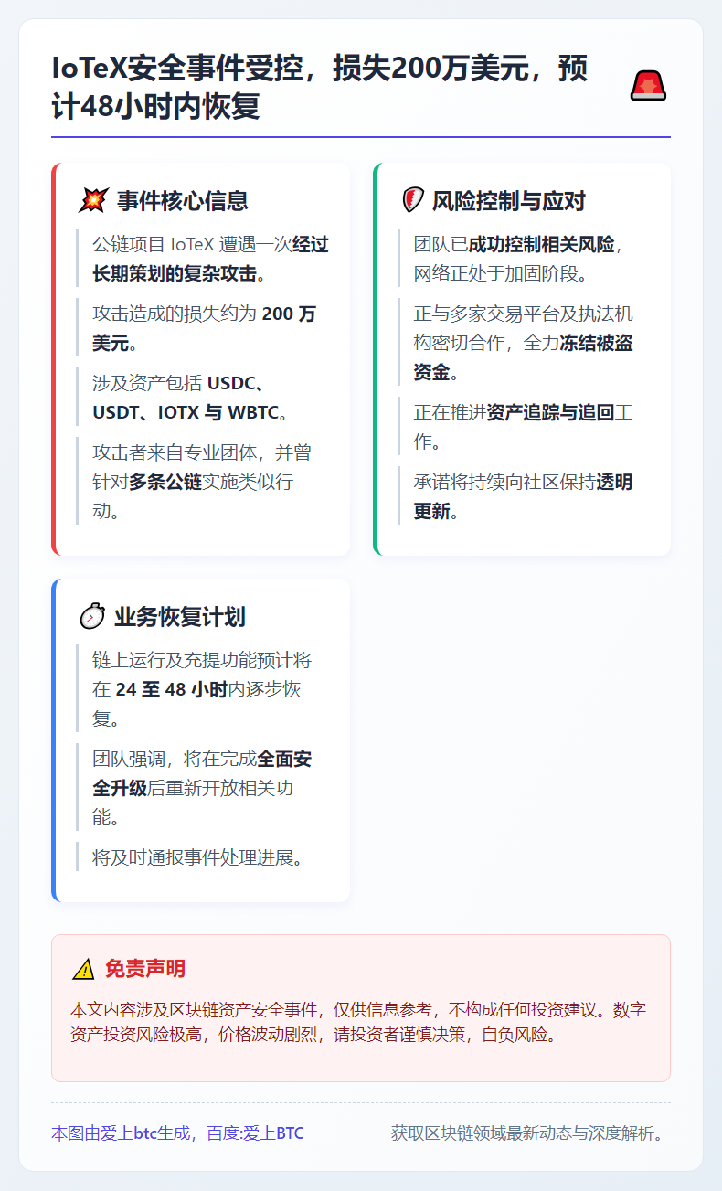 IoTeX安全事件受控，损失200万美元，预计48小时内恢复