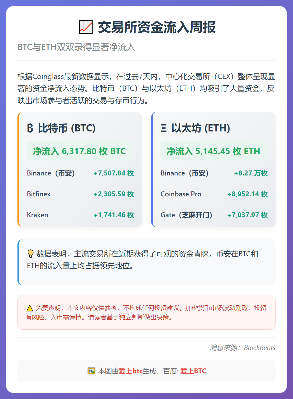 7日CEX净流入：BTC 3104枚，ETH 5145枚