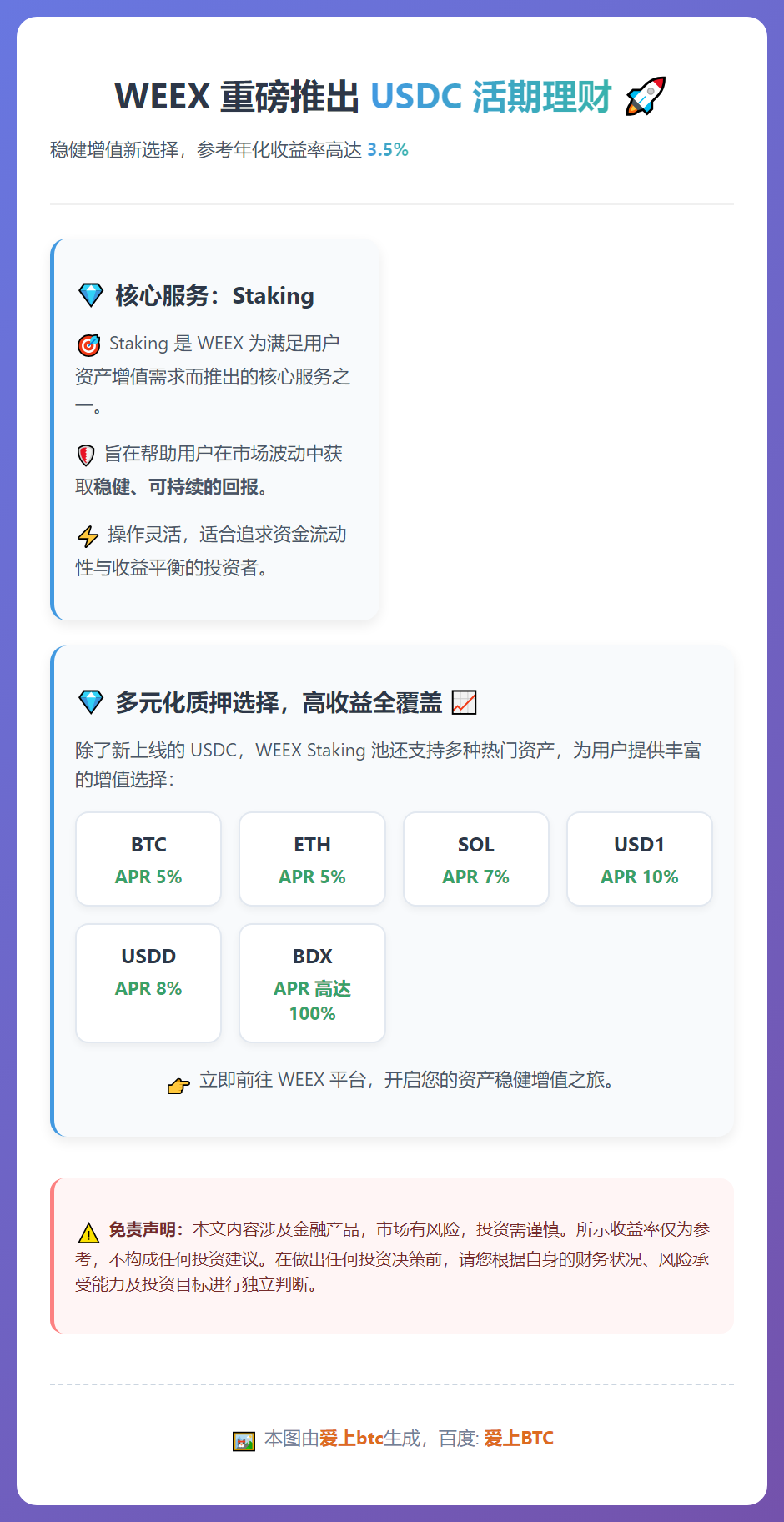 WEEX上线USDC活期质押，APR 3.5%