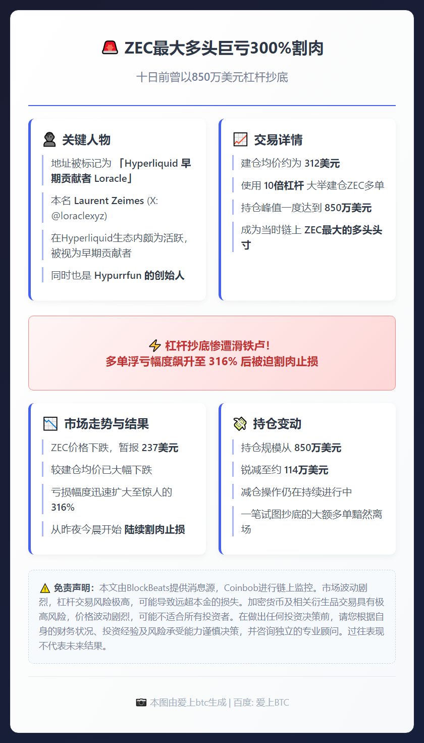 ZEC最大多头巨亏300%割肉，十日前曾抄底850万美元