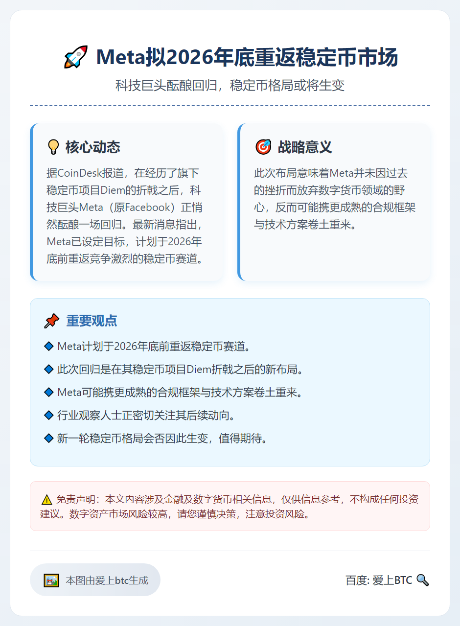 Meta拟2026年底重返稳定币市场