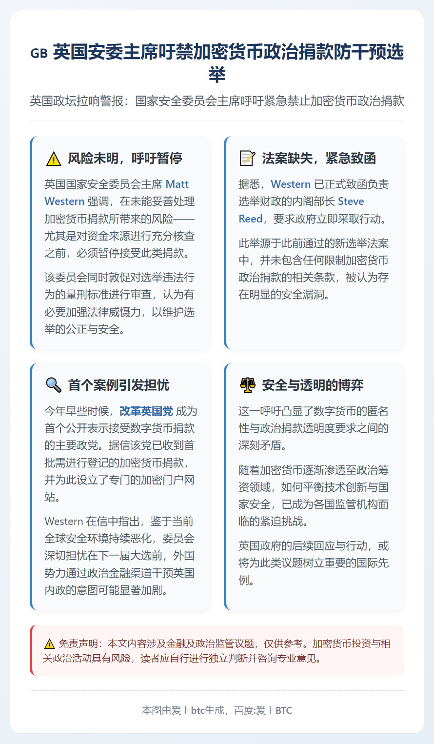 英国安委主席吁禁加密货币政治捐款防干预选举