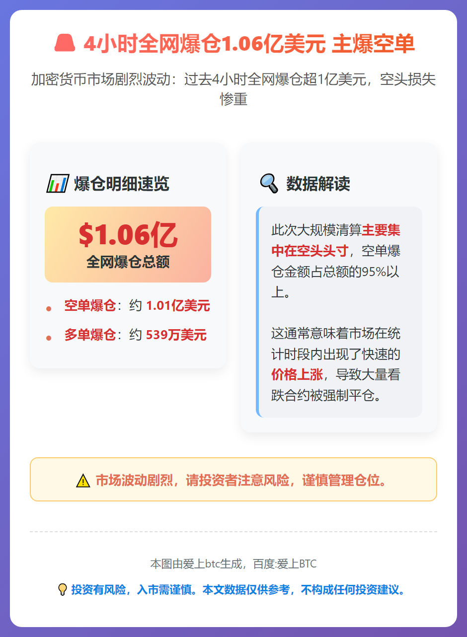 4小时全网爆仓1.06亿美元 主爆空单