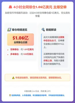 4小时全网爆仓1.06亿美元 主爆空单