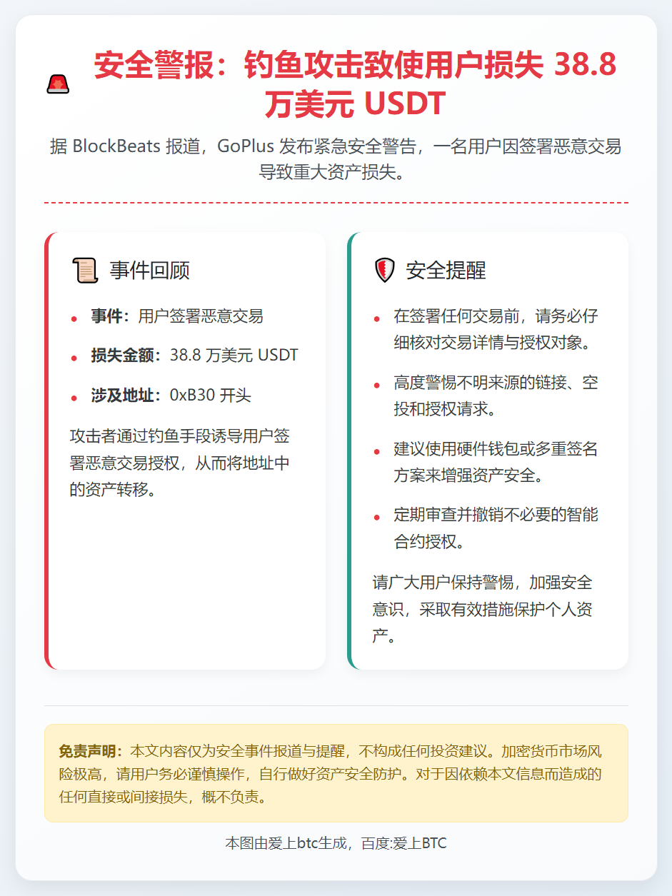 用户签署恶意交易损失38.8万USDT