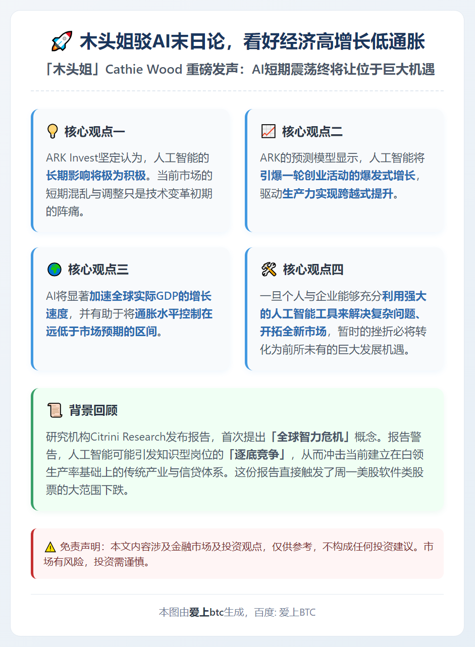 木头姐驳AI末日论，看好经济高增长低通胀