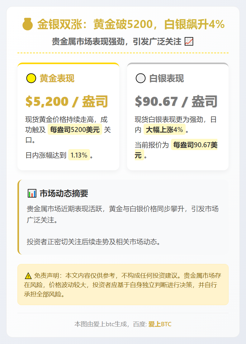 金银双涨：黄金破5200，白银飙升4%