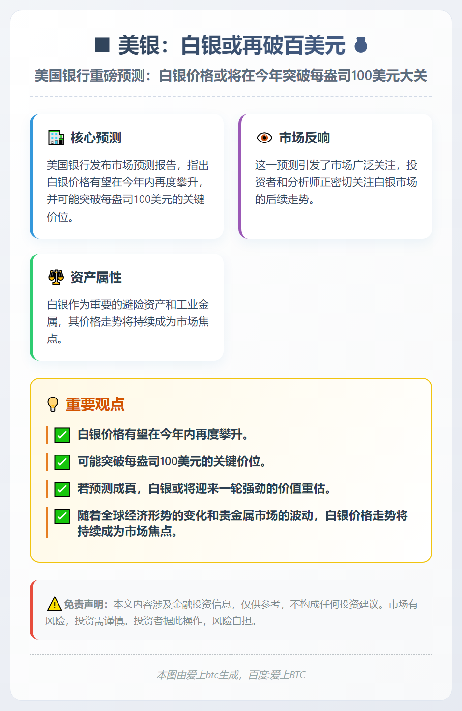 美银：白银或再破百美元