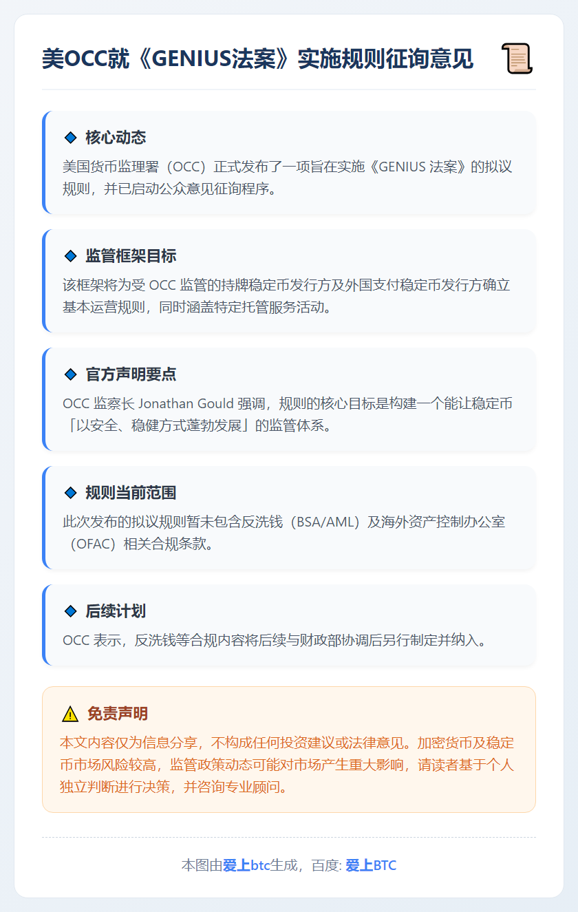 美OCC就《GENIUS法案》实施规则征询意见