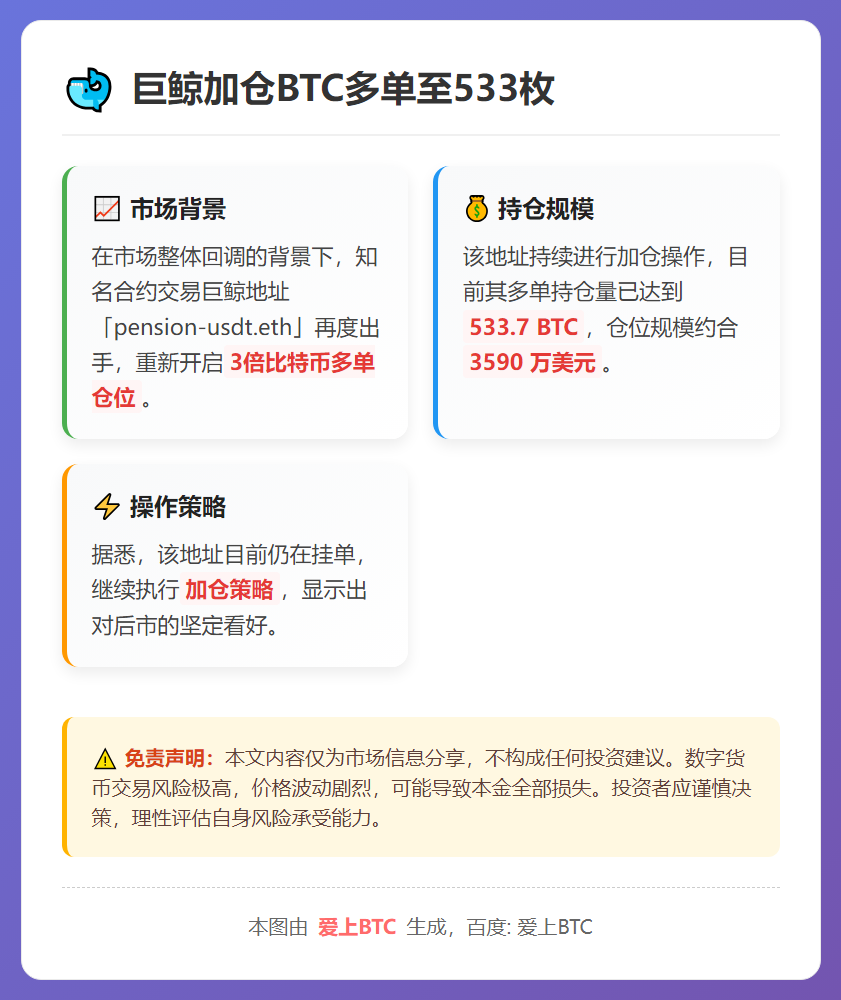 巨鲸加仓BTC多单至533枚