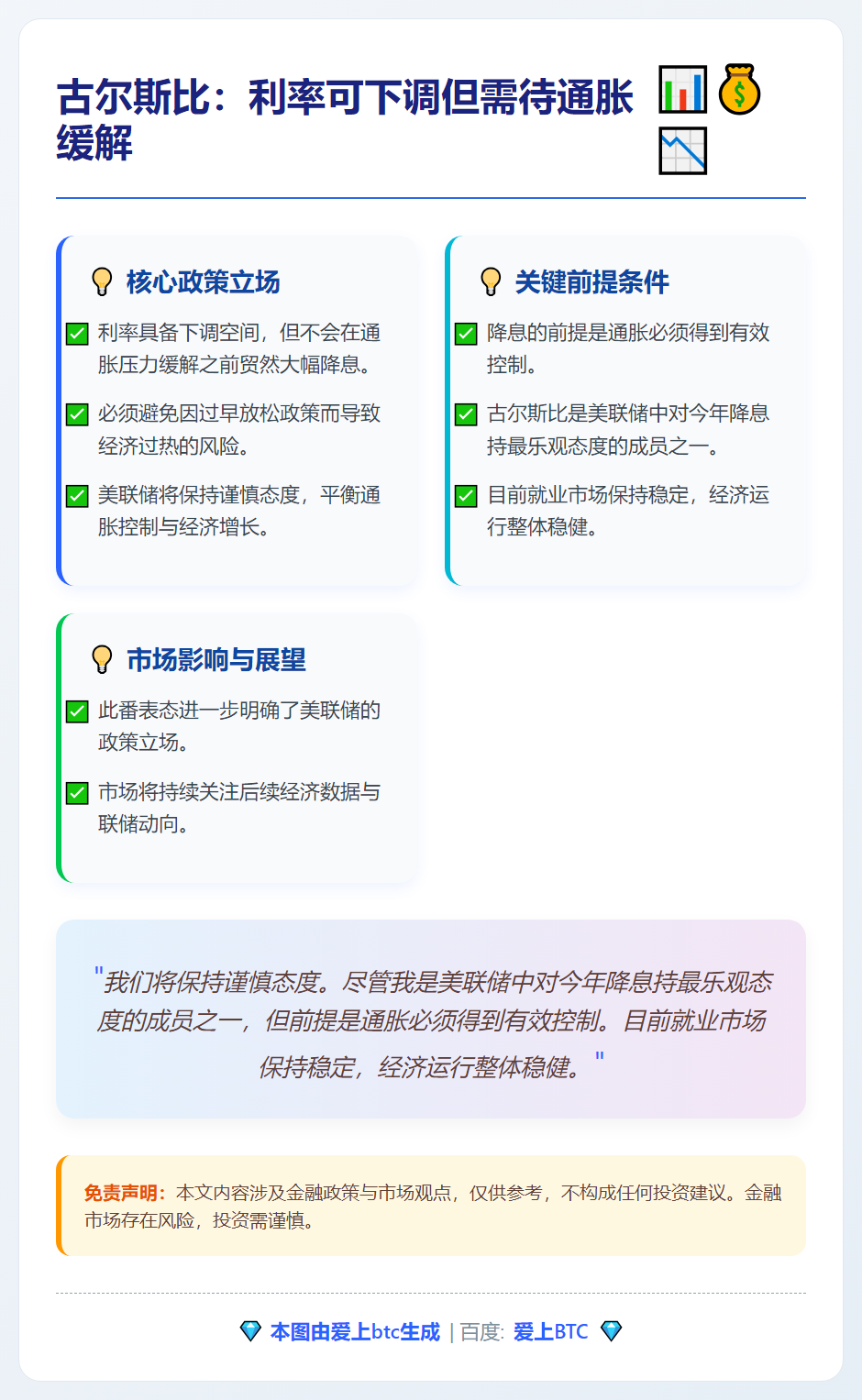 古尔斯比：利率可下调但需待通胀缓解
