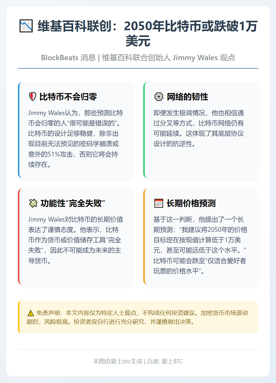 维基百科联创：2050年比特币或跌破1万美元