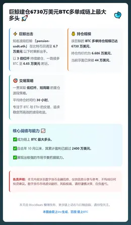 巨鲸建仓6730万美元BTC多单成链上最大多头