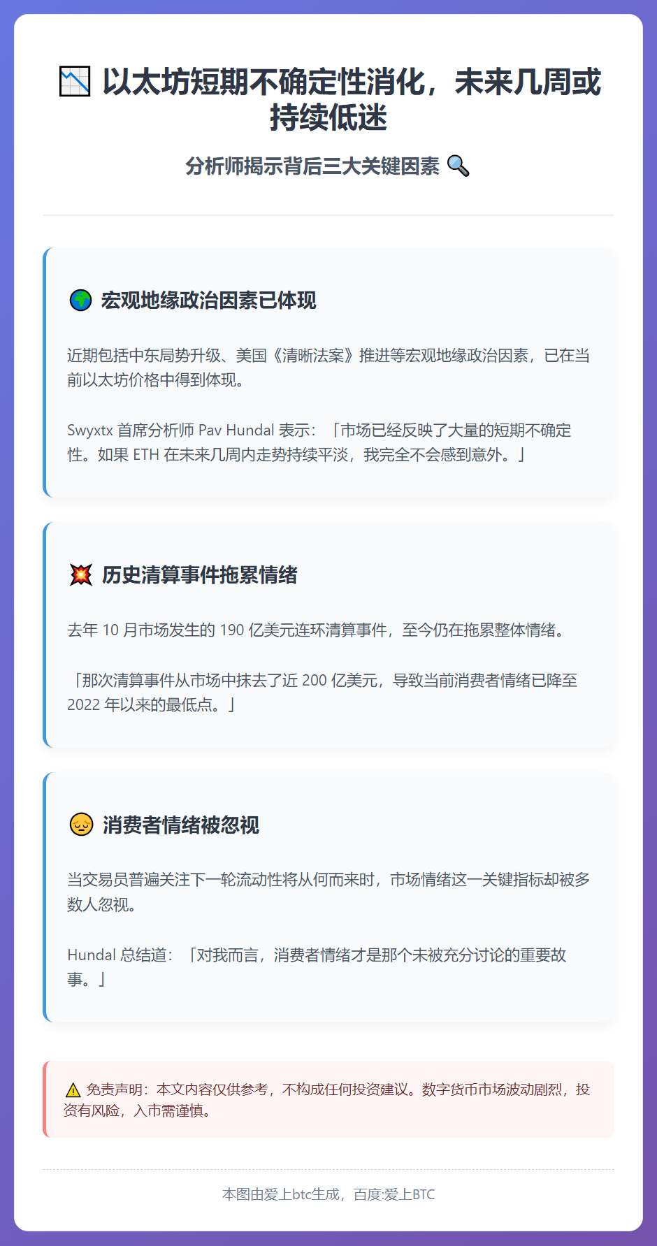 以太坊短期不确定性消化，未来几周或持续低迷